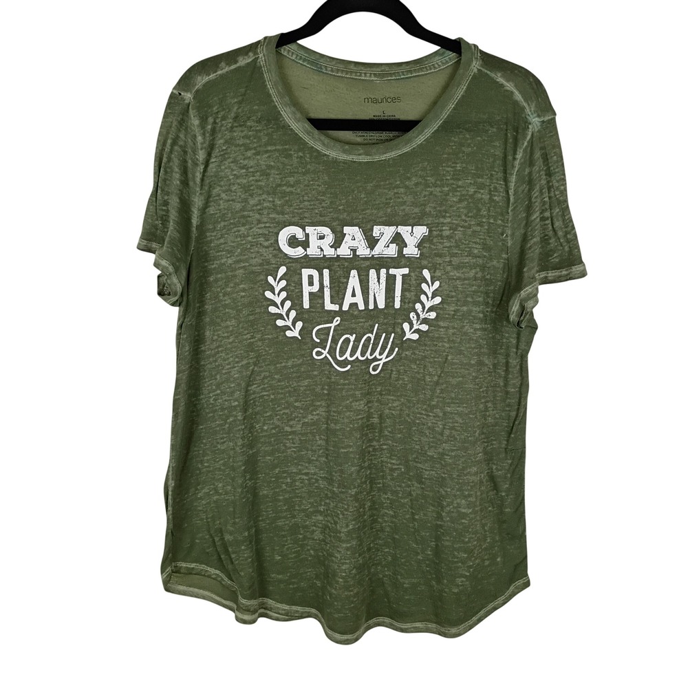 Maurices Womens Crazy Plant Lady Graphic Tee Olive Green Burnout T-Shirt Large
